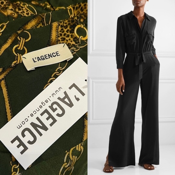 NWT L'AGENCE 70s‎ Silk Chain Leopard Tie Waist Button Up 3/4 Sleeve Jumpsuit S - Picture 8 of 9